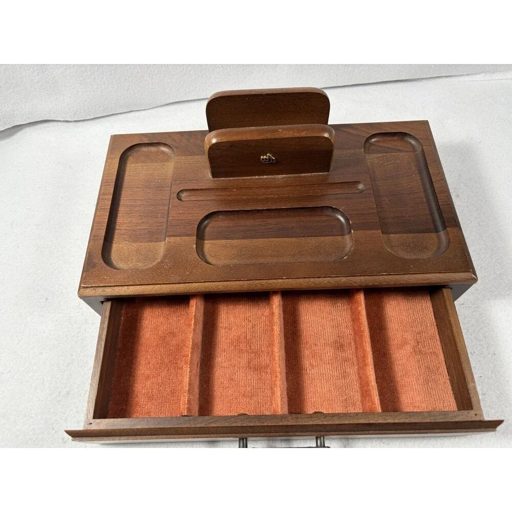 Vintage MCM Walnut Men’s Valet Box Dresser Organizer Orange Velvet Drawer